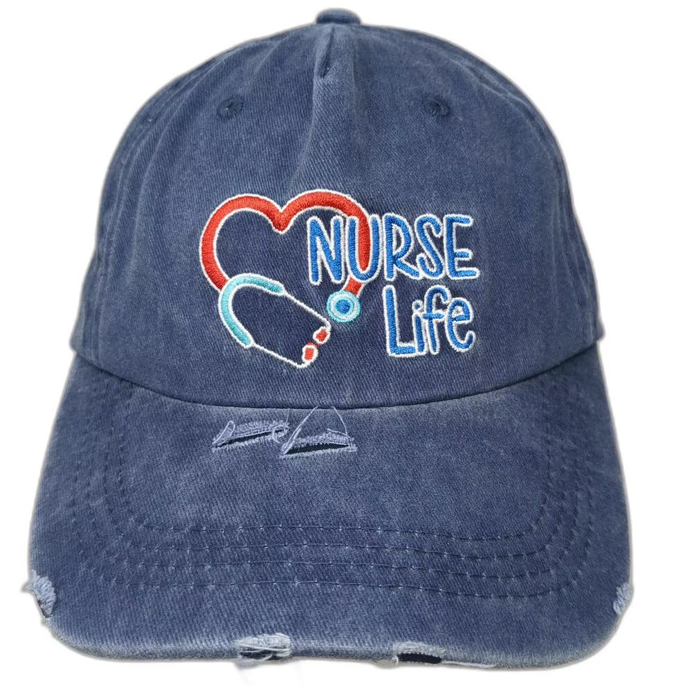 Think Positive Nurse Life Blue Red Baseball Cap Slideback OS Distressed Logo Hat
